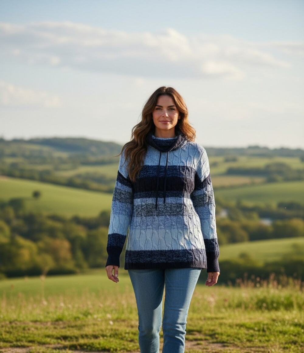 Chaps Sweater Tunic Womens XL Blue Stripe Cowl Mock Neck Cable Knit Cotton Blend